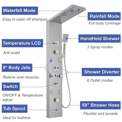 6 IN 1 Shower Panel Tower System Stainless Steel Wall Mounted | Rainfall Waterfall Shower Head,Two Mode Body Jets,Waterfall Tub Spout,with Temperature Display,Brushed Nickel and Chrome - color: Brushed Nickel and Chrome