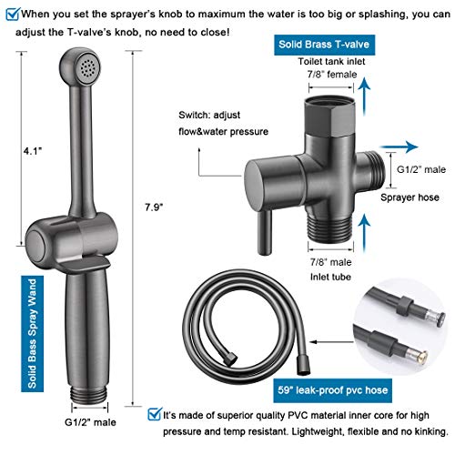 Handheld Bidet Toilet Sprayer, Black Bidet Spray for Toilet, Cloth Diaper Sprayer with Backflow Preventer, Adjustable Water Pressure Brass Hand Held Spray Attachment