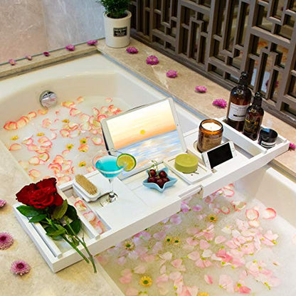 Bathtub Caddy Tray for Luxury Bath - Bamboo Waterproof Expandable Bath Table Over Tub with Wine and Book Holder and Free Soap Dish (White) - color: White
