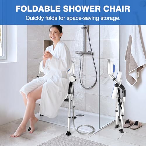 DEWEL Foldable Shower Chair for Elderly and Disabled, Folding Shower Seat with Armrests and Back Height Adjustable, Aluminum Alloy Bath Seat for Inside Shower, 330lbs Capacity (Blue) - color: Blue