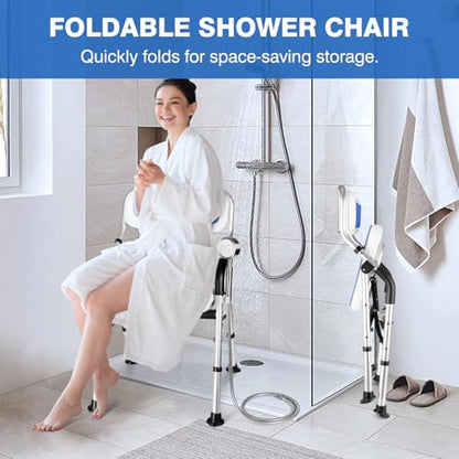 DEWEL Foldable Shower Chair for Elderly and Disabled, Folding Shower Seat with Armrests and Back Height Adjustable, Aluminum Alloy Bath Seat for Inside Shower, 330lbs Capacity (Blue) - color: Blue