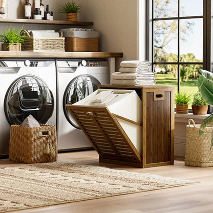 HITNET Bamboo Tilt Out Laundry Hamper, Bathroom Storage Cabinet with Hidden Removable Basket and 3 Sides Cutout Handles, Freestanding Hamper Organizer for Dirty Clothes, Walnut - color: Walnut
