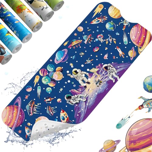 Baby Bath Mat for Tub Non Slip Kids, BPA Free Extra Long Bathtub Mat 40x16 with Drain Holes and 200 Suction Cups, Non Toxic Machine Washable Toddler Bath Mat, Eco-Friendly Certified - color: Blue Planet
