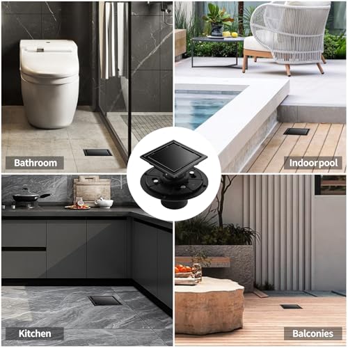 Hidden Brushed Square Shower Floor Drain, Black 4 inch, 304 Stainless Steel, with Flange, Detachable Cover Embedded in Ceramic Tiles - color: Hidden Black, size: 4 inch