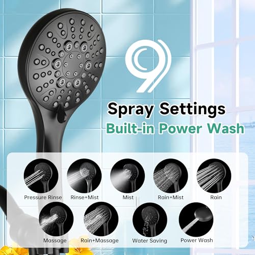BRIGHT SHOWERS High Pressure Shower Head with Handheld, 9 Spray Settings Showerhead Built in Power Wash to Clean Tub and Pets, Extra Long 69" Hose, Adjustable Bracket, Matte Black - color: Matte Black, style: 2.5 GPM | 9 Modes