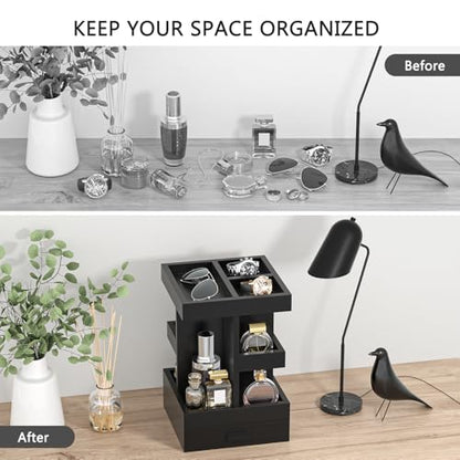 Rotating Cologne Organizer for Men, 3 Tier Wooden Stand with Drawer | 360 Spinning Perfume Holder, Large Capacity Modern Men's Vanity Tray & Dresser Organizer, Sleek Matte Black Wood Construction