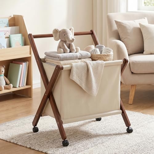 Foldable laundry cart with X-Frame – Small Bamboo wood laundry hamper | Laundry Hamper on Wheels, Collapsible Space Saving, Removable Cotton Liner, For Bathroom, RV, Dorm