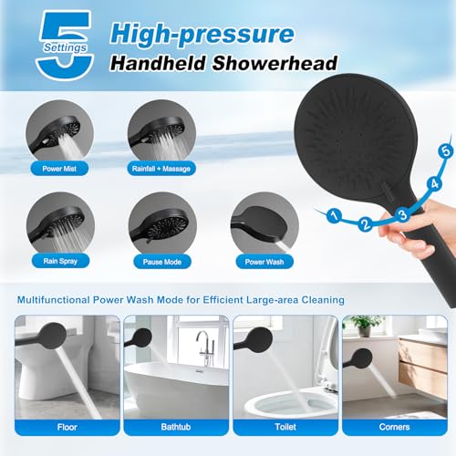 10" Black Rain Shower Head with Handheld, High Pressure Boosting Rainfall Showerhead with All Metal Adjustable Extension Arm, Easy Reach Shower Holder, 5 Spray Modes with Power Wash, Easy to Install - color: Matte Black