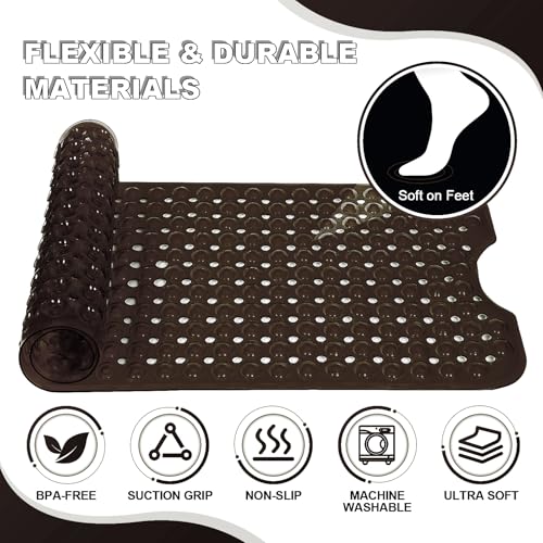 Bathtub and Shower Mats, 40x16 Inch Extra Large Non Slip Soft Bath Tub Mat with Suction Cups and Drain Holes for Bathroom Floor and Keep Tubs Clean, Machine Washable, Clear Chocolate - color: Clear Chocolate