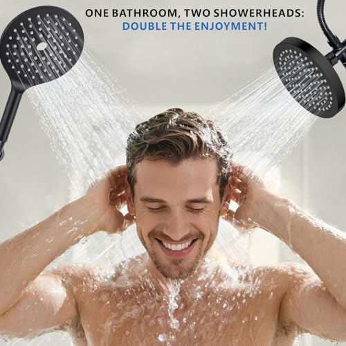Dual Shower Head for Couples, 6" Fixed Rain Showerhead with 7.5" Large Handheld Shower Double Set, Renter-Friendly, Tandem Shower, SPA-Like, Gift for Women Men, Matte Black - color: Matte Black