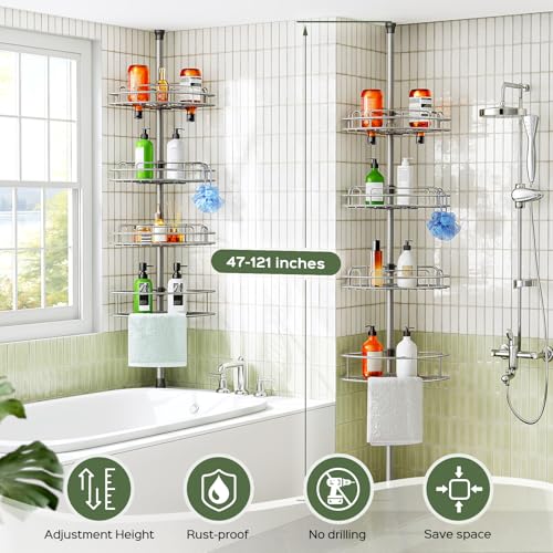 HAMITOR Corner Shower Caddy Tension Pole: 4-Tier Rust-Resistant Adjustable Bathroom Organizer Shelves - 47.72-123.6 Inch No-Drill Quick Install - Space-Saving Storage for Renters Family - Silver Gray