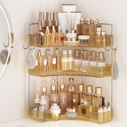 3 Tiers Bathroom Corner Organizer,Bathroom & Kitchen Storage Tray | Storage Countertop with Hooks Skin Care Exquisite Vanity Organizer Countertop Bathroom Storage Dresser, Kitchen-Gold - color: Gold, size: 3 Tier