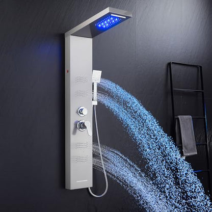 Shower Panel Tower System with LED Lights, Stainless Steel 5 in 1 Shower Panel with Rainfall Waterfall Shower Head, Body Spray, Handheld Shower, Tub Spout (Brushed) - color: Brushed Nickel -Wave Body Spray