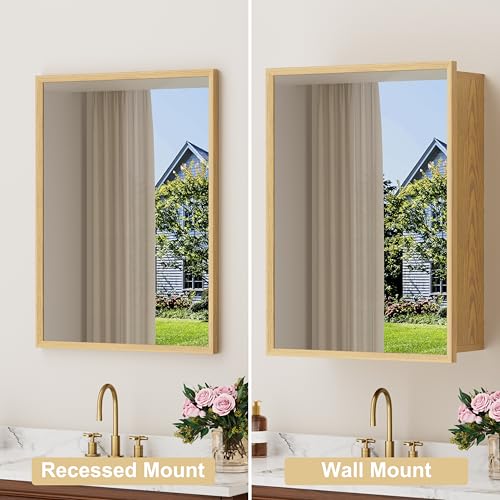 20x28 Inch Wood Medicine Cabinet with Mirror for Bathroom, Oak Finish | Recessed or Wall Mounted Cabinets, Adjustable Shelf, Soft-close Hinges, HD Reflection, Reversible Installation - size: 20x28