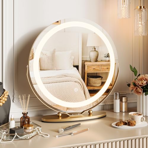19" Round Vanity Mirror with Lights, Large Makeup Mirror with 3 Color Lighting Dimmable, Smart Touch Control, 360°Rotation Vanity Mirror for Bedroom, Dressing Room, Tabletop, Easy to Install, Gold | 3 dimmable color lights with smart touch control. 360° r