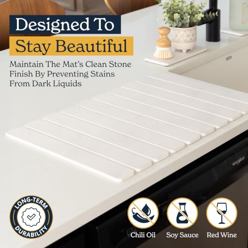 Oleex 3-Pack Stone Dish Drying Mat Set Includes 1 Large 24”x16” & 2 Small 4”x9” for Kitchen Counter-Collapsible Diatomaceous Earth Pad Absorbs Water & Dries Dishes Fast, Non-slip, Odor-Resistant Mats - color: White