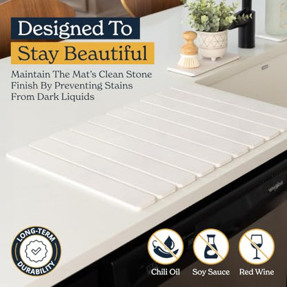 Oleex 3-Pack Stone Dish Drying Mat Set Includes 1 Large 24”x16” & 2 Small 4”x9” for Kitchen Counter-Collapsible Diatomaceous Earth Pad Absorbs Water & Dries Dishes Fast, Non-slip, Odor-Resistant Mats - color: White