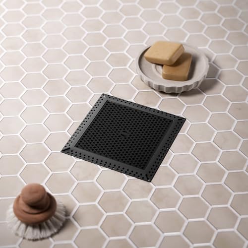 Square Shower Drain Hair Catcher, Drain Cover, Not Moving, 6 inch | 304 Stainless Steel and TPE Material/ Efficient Drainage / Easy Clean / Anti-Clogging / Fits Bathroom Hair Catcher for Shower - color: Matte Black, size: 6 inch