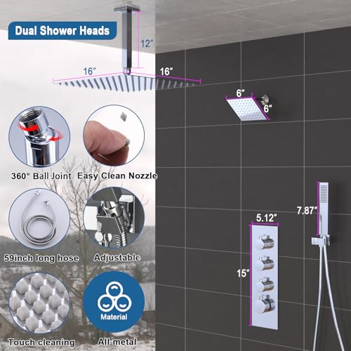 Enga Thermostatic Dual Head Shower System, 16 Inch Ceiling Mount Shower Head with 6 Inch Wall Mount Shower Head Shower Faucet Set, All Functions Can Operate Simultaneously, Chrome - color: Chrome, style: ‎16"+6" Head