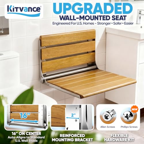 [Upgraded Version] 20" Folding Teak Shower Seat Wall Mounted- Shower Bench for Inside Shower, ADA Compliant Teak Shower Seat Wall Mounted Bench Bathroom Stool, Folding Bathtub Shower Seat for Elderly - size: 20*17*10.9 Inch Teak