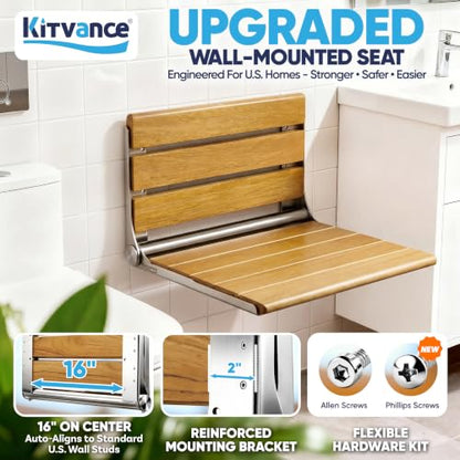 [Upgraded Version] 20" Folding Teak Shower Seat Wall Mounted- Shower Bench for Inside Shower, ADA Compliant Teak Shower Seat Wall Mounted Bench Bathroom Stool, Folding Bathtub Shower Seat for Elderly - size: 20*17*10.9 Inch Teak