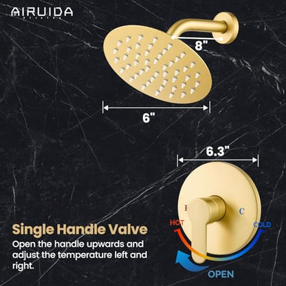 Airuida Shower Faucet Set,6 Inch Brushed Gold Shower Trim Kit | Round Rainfall Shower Head,Single Handle,Male Threads Rough-in Valve,Wall Mount Bathroom System - color: Gold, size: 6 Inch