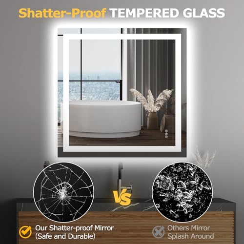 Hivone 36"X36" LED Bathroom Mirror with Lights, Anti-Fog, Dimmable, Backlit + Front Lit, Smart Bathroom Vanity Mirror, Memory Function, Shatterproof, Tempered Glass (Horizontal/Vertical) - size: 36"L x 36"W