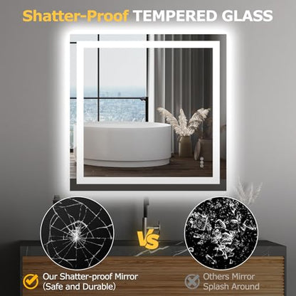 Hivone 36"X36" LED Bathroom Mirror with Lights, Anti-Fog, Dimmable, Backlit + Front Lit, Smart Bathroom Vanity Mirror, Memory Function, Shatterproof, Tempered Glass (Horizontal/Vertical) - size: 36"L x 36"W