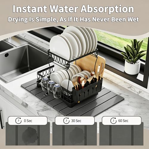 Stone Dish Drying Mat for Kitchen Counter – Super Absorbent Diatomaceous Earth Dish Drying Mat, Grey Kitchen Counter Mats for Dishes ,Bottles, Cups, Match Any Countertop