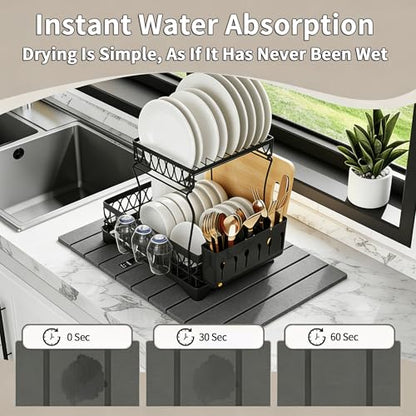 Stone Dish Drying Mat for Kitchen Counter – Super Absorbent Diatomaceous Earth Dish Drying Mat, Grey Kitchen Counter Mats for Dishes ,Bottles, Cups, Match Any Countertop