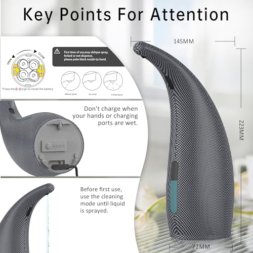 Automatic Soap Dispenser Touchless Rechargeable 10 oz | Magnetic USB Charging, IPX7 Waterproof Sensor Pump with 4 Adjustable Levels for Kitchen Sink & Bathroom Hand Soap - color: Blue Gray Argyle