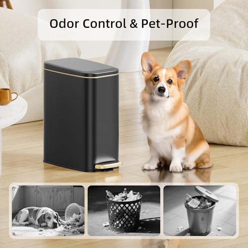 KSSKSS 1.6 Gallon/6L Small Bathroom Steel Step Trash Can, Soft-Close Lid & Fingerprint-Proof, Slim Wastebasket for Narrow Spaces (Black) - color: Black