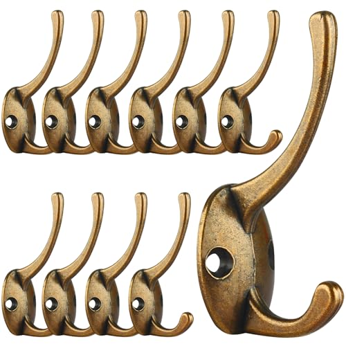IBosins 12 Pack Antique Brass Double Coat Hooks Wall Mounted with 24 Screws | Retro Double Hooks Utility Hooks for Coat, Scarf, Bag, Towel, Key, Cap, Cup, Hat - color: Antique Brass