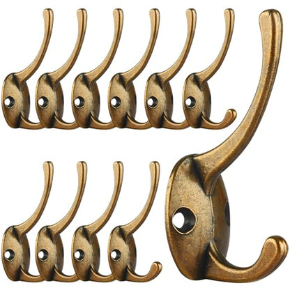 IBosins 12 Pack Antique Brass Double Coat Hooks Wall Mounted with 24 Screws | Retro Double Hooks Utility Hooks for Coat, Scarf, Bag, Towel, Key, Cap, Cup, Hat - color: Antique Brass