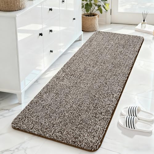 ISEAU Bathroom Rugs 24x80,Super Absorbent Microfiber Bath Mat,Brown | Large Bath Mat,Non-Slip Long Shower Rug with TPR Backing, Thick Plush Machine Washable Bathmat for Bathrooms - color: Dark Brown/White, size: 24" X 80"