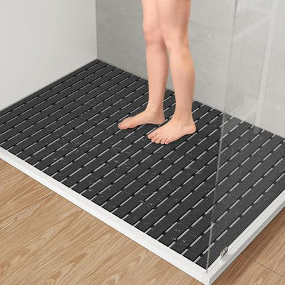 Yolife PVC Large Shower Mat, 35.4 × 24 Inch Non Suction Cup Non Slip Shower Floor Mat, Easy to Cut & Curlable Stand Up Shower Stall Mat, Heavy Duty Bath Shower Mats for Inside Shower - color: Black