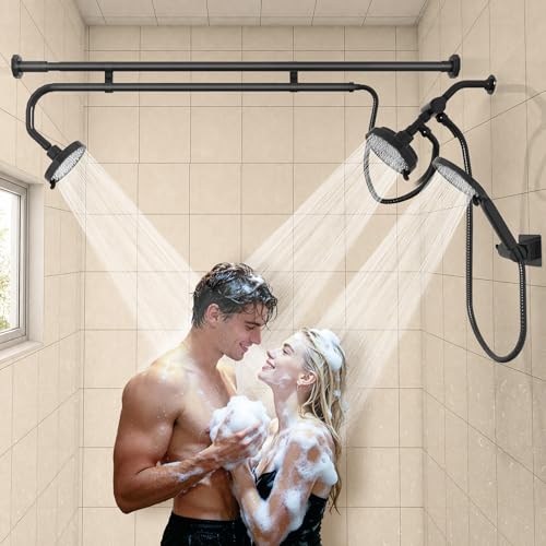 Tandem Shower Head, Dual Shower Heads for Two People & Handheld Head, Triple Shower Head High Pressure System,Adjustable Double Shower Heads - color: White