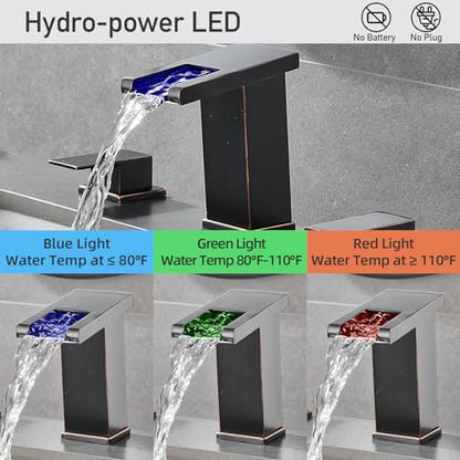 LED Bathroom Faucet 3 Hole, Oil Rubbed Bronze Waterfall Bathroom Faucets, 8 Inch Widespread Modern Bathroom Sink Faucet & Parts, Wide Spread Touch On Three Hole 2 Handle Bathroom Vanity Faucet - color: Oil Rubbed Bronze