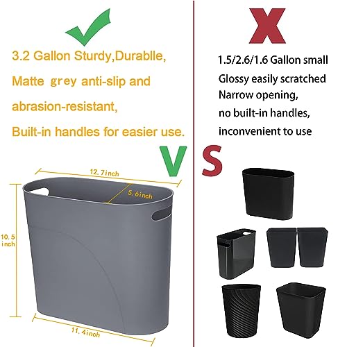 2 Pack Slim Waste Basket 3.2 Gallon/12 L Office Trash Can Narrow Garbage Container Bin with Handles, Small Narrow Trash Can for Office, Home and Narrow Spaces, Grey - color: Grey