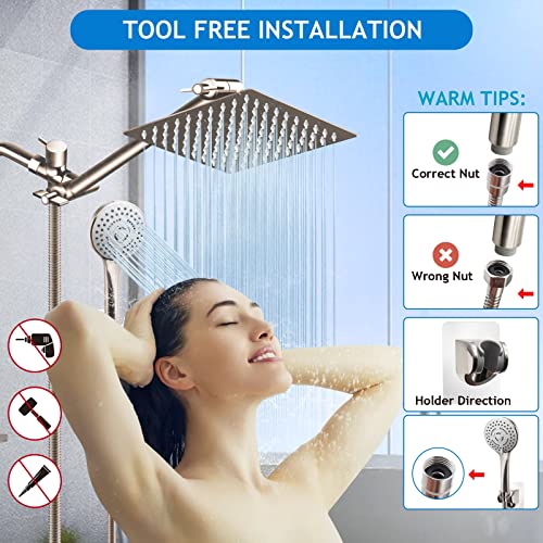 Shower Head Combo(Brushed Nickel),8 Inch High Pressure Rain Shower Head with 11 Inch Adjustable Extension Arm and 5 Settings Handheld Shower Head Combo,Powerful Shower Spray Against Low Pressure Water - color: Brushed Nickel, size: 8" Showerhead Set