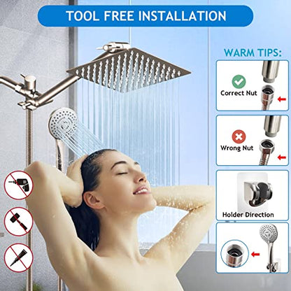 Shower Head Combo(Brushed Nickel),8 Inch High Pressure Rain Shower Head with 11 Inch Adjustable Extension Arm and 5 Settings Handheld Shower Head Combo,Powerful Shower Spray Against Low Pressure Water - color: Brushed Nickel, size: 8" Showerhead Set