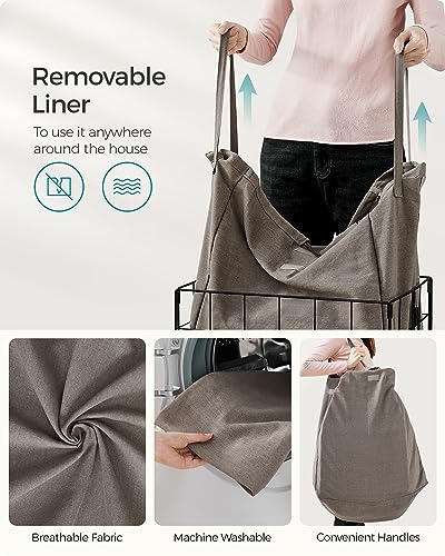 SONGMICS Laundry Hamper, 23.8 Gal. (90L) Laundry Basket, Collapsible Clothes Hamper, Removable and Washable Liner, Metal Wire Frame, for Bedroom Bathroom, Black and Camel Brown ULCB190N01 - color: Black + Camel Brown, size: 90 L