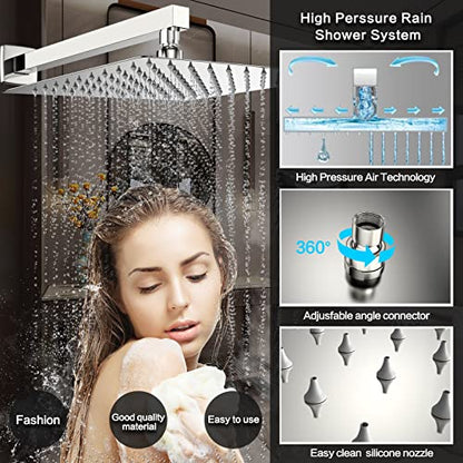 Chrome Rain Shower System Faucet Set with Handheld, 10 inch | Solid Metal Wall Mount Rainfall Shower Set with Safe Anti-Scald Valve, Air Injection High Pressure Water Saving Combo - color: Polished Chrome, style: 10in without Tub spout
