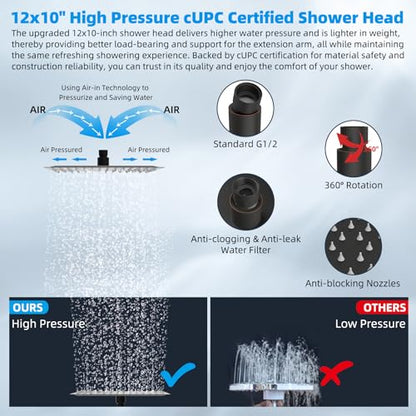 Hibbent 12'' Rain Shower Head with 16'' Extension Arm, Oil Rubbed Bronze | cUPC Certified High Pressure Rainfall Showerhead with Solid Brass Adjustable Shower Head Extension Arm, Fixed Showerheads - color: Oil Rubbed Bronze, style: Square 12''