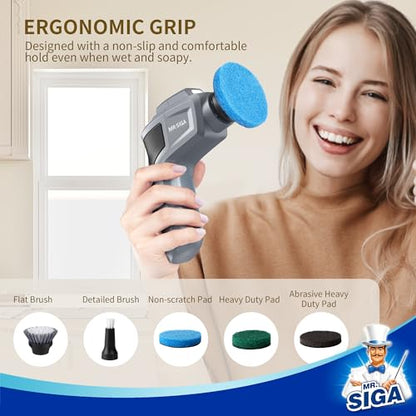 MR.SIGA Electric Spin Scrubber for Kitchen and Bathroom Cleaning | Waterproof rechargeable cordless spin scrubber with 5 replaceable cleaning brushes and scouring pads