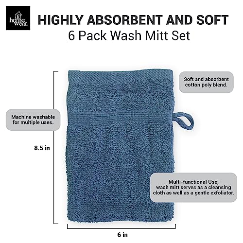 High Rise Stripe 6 Pack 6 x 8.5 Wash Mitt Set, Low Twist, Highly Absorbent, Gentle Hand and Face Cloth, European Style with Loop, Indigo - color: Indigo