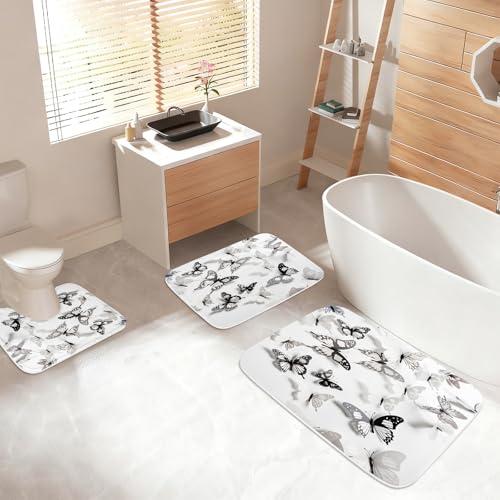 Cute Modern Butterfly Aesthetic Bathroom Rugs and Mats Sets 3 Piece, Memory Foam Bath Mat, U-Shaped Contour Shower Mat Non Slip Absorbent, Velvet Washable 20 x 31 inch Black and White - color: Color16