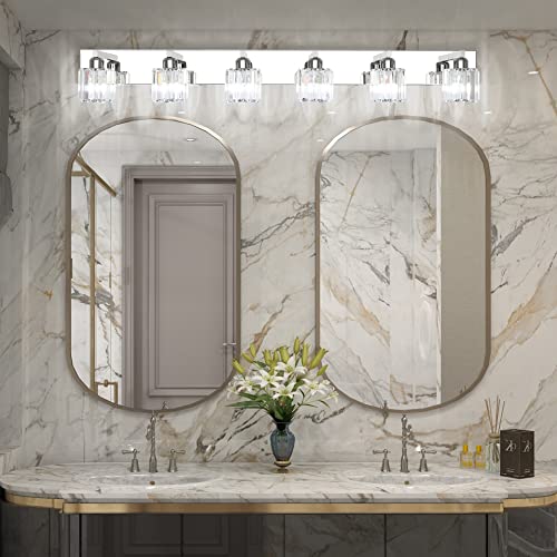 Aipsun Bathroom Vanity Light Crystal Vanity Lighting Fixtures 6 Lights Chrome Vanity Light for Bathroom (Exclude Bulb) - color: Chrome (Round), size: 49 inch