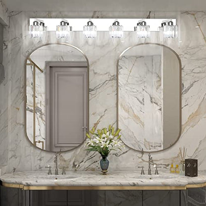 Aipsun Bathroom Vanity Light Crystal Vanity Lighting Fixtures 6 Lights Chrome Vanity Light for Bathroom (Exclude Bulb) - color: Chrome (Round), size: 49 inch