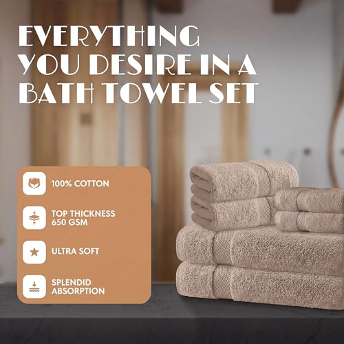 White Classic Taupe Bath Towel Set of 6-100% Cotton Highly Absorbent Towels for Bathroom, 2 Luxury Bath Towels 650GSM, 2 Hand Towels, 2 Washcloths - color: Taupe